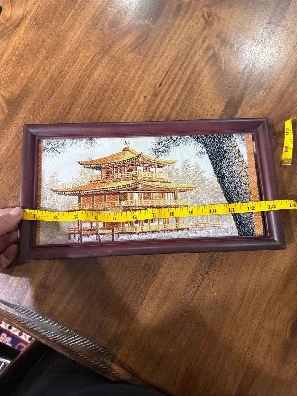 Framed Gold and Brown Pagoda Wall Art - Traditional Asian Temple silk cloth.